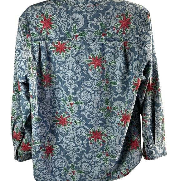 Vintage Westbound Christmas Denim Shirt Button Up Poinsettia, Retro - Picture 2 of 13